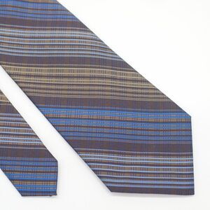 Pronto Uomo Couture Brown Blue‎ Striped Check Woven Silk Tie